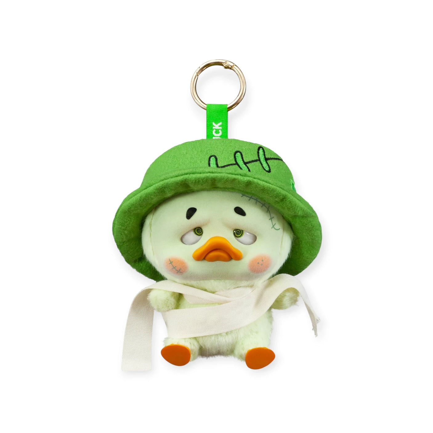 Upset Duck Blind Box - Colourful Player Plush Keychain showing a duck in a green stitched hat with bandage wraps by Upset Duck