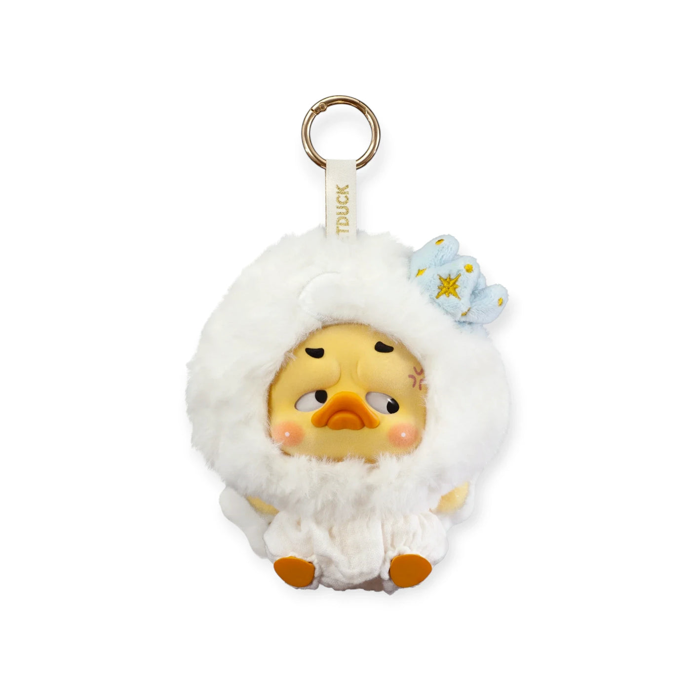 Upset Duck Blind Box - Colourful Player Plush Keychain showing a yellow duck in fluffy white outfit with blue crown accessory