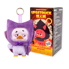 Upset Duck Blind Box - Colourful Player Plush Keychain showing purple duck plush with keyring and colorful Halloween-themed box by Upset Duck