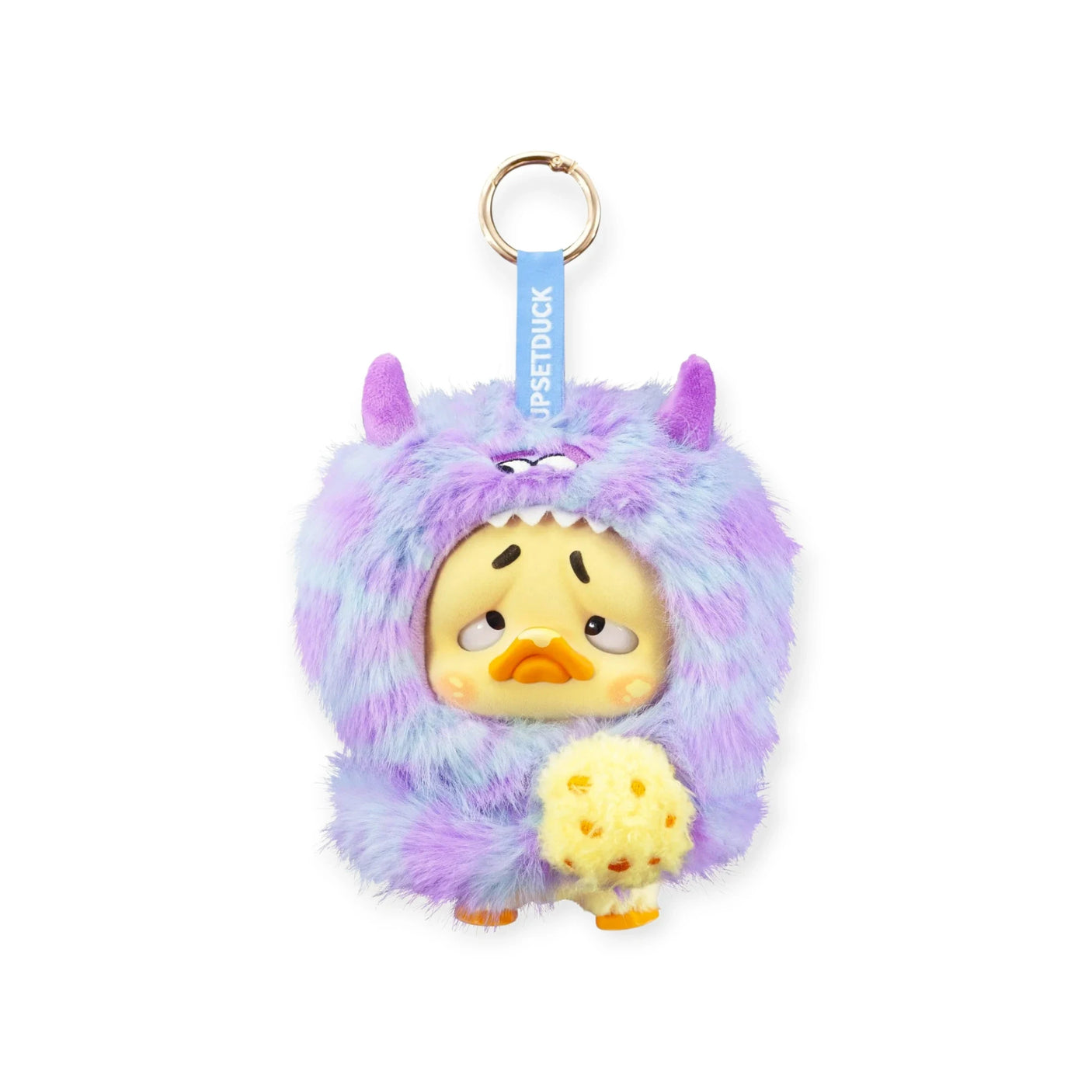 Upset Duck Blind Box - Colourful Player Plush Keychain showing a sad duck in a fluffy purple-blue monster costume holding a sponge by Upset Duck