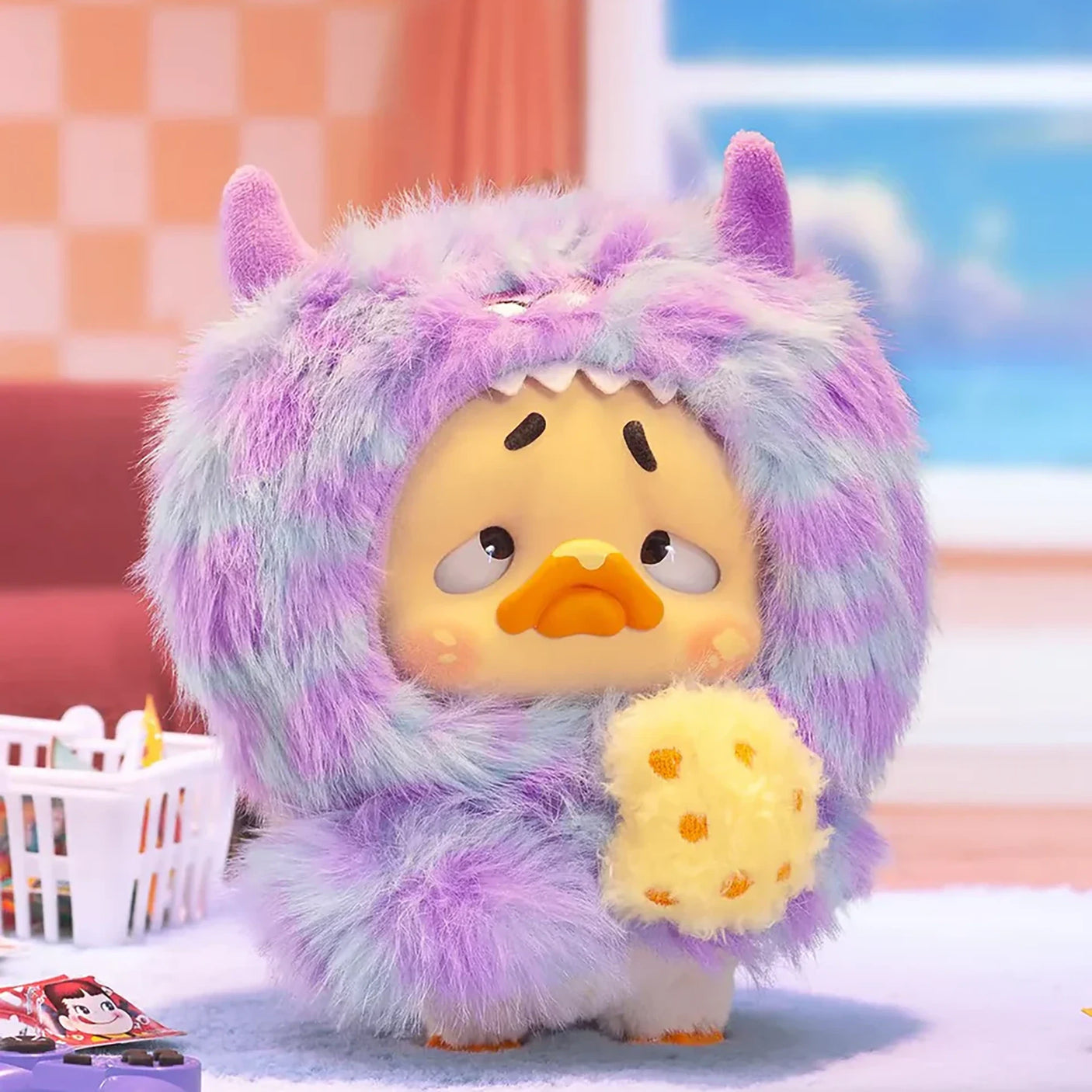 Upset Duck Blind Box - Colourful Player Plush Keychain showing a yellow duck in fuzzy purple-blue monster costume holding a sponge by Upset Duck