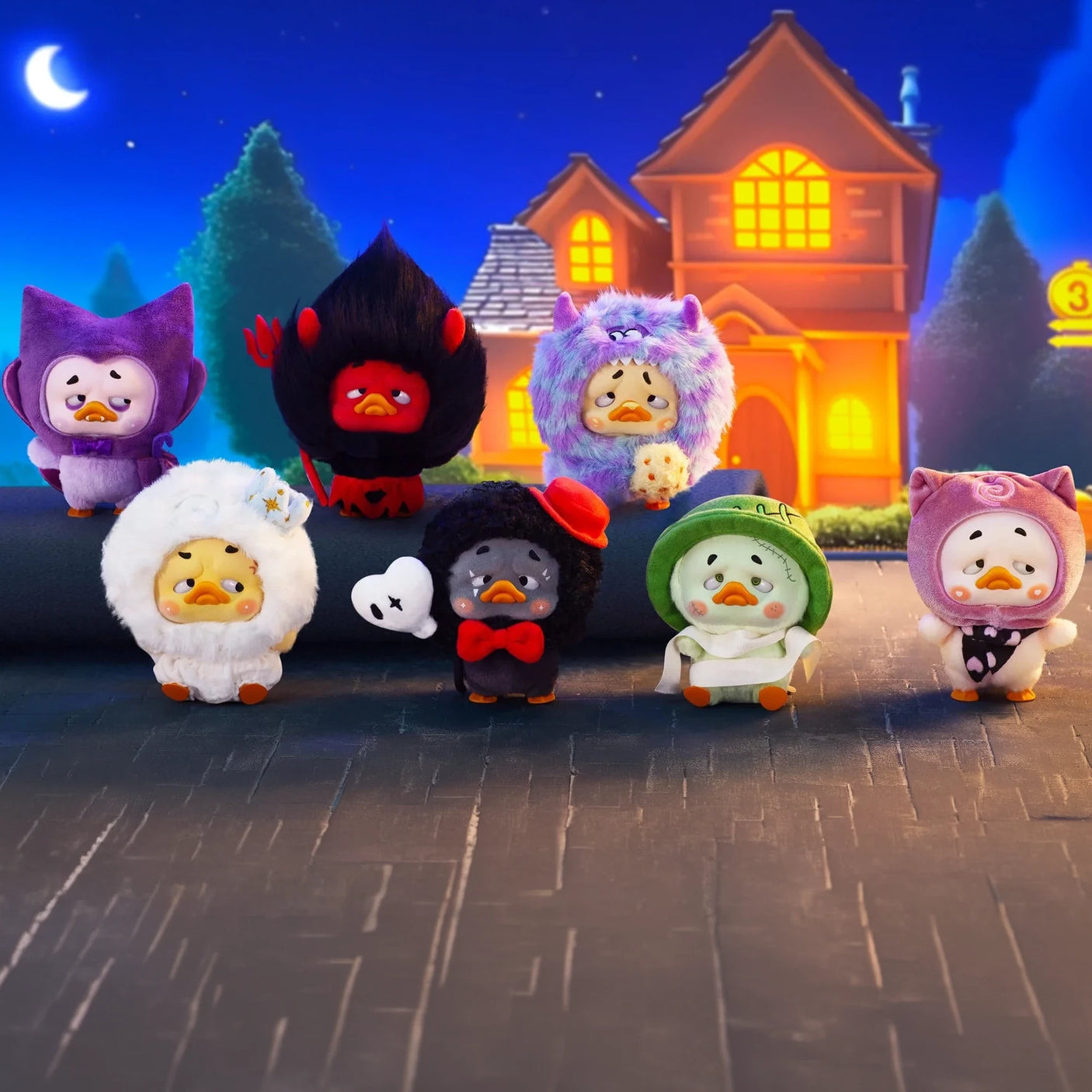 Upset Duck Blind Box - Colourful Player Plush Keychain showing seven ducks dressed in Halloween costumes by Upset Duck