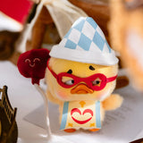Plush duck wearing a blue checkered jester hat, red glasses, and a face mask