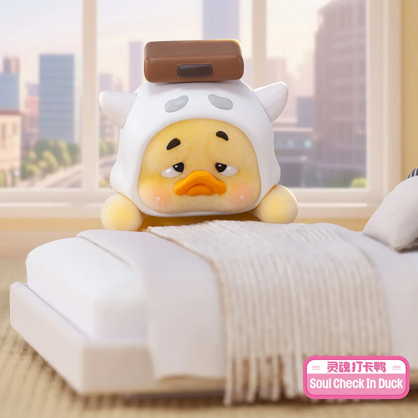 Upset Duck Blind Box - Status Display showing a sleepy yellow duck in a white costume on a bed by Upset Duck