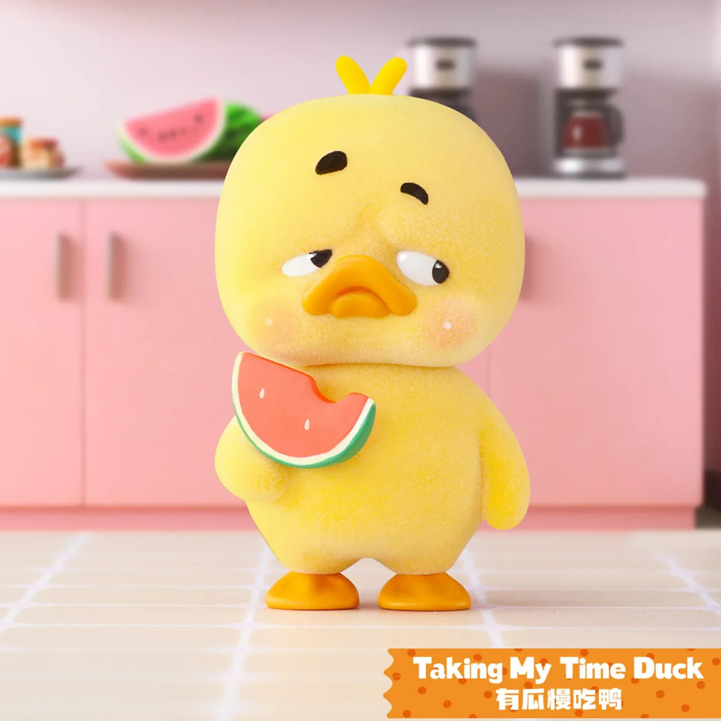 Upset Duck Blind Box - Stop The Spiral showing a yellow duck holding a slice of watermelon with a hesitant expression by Upset Duck