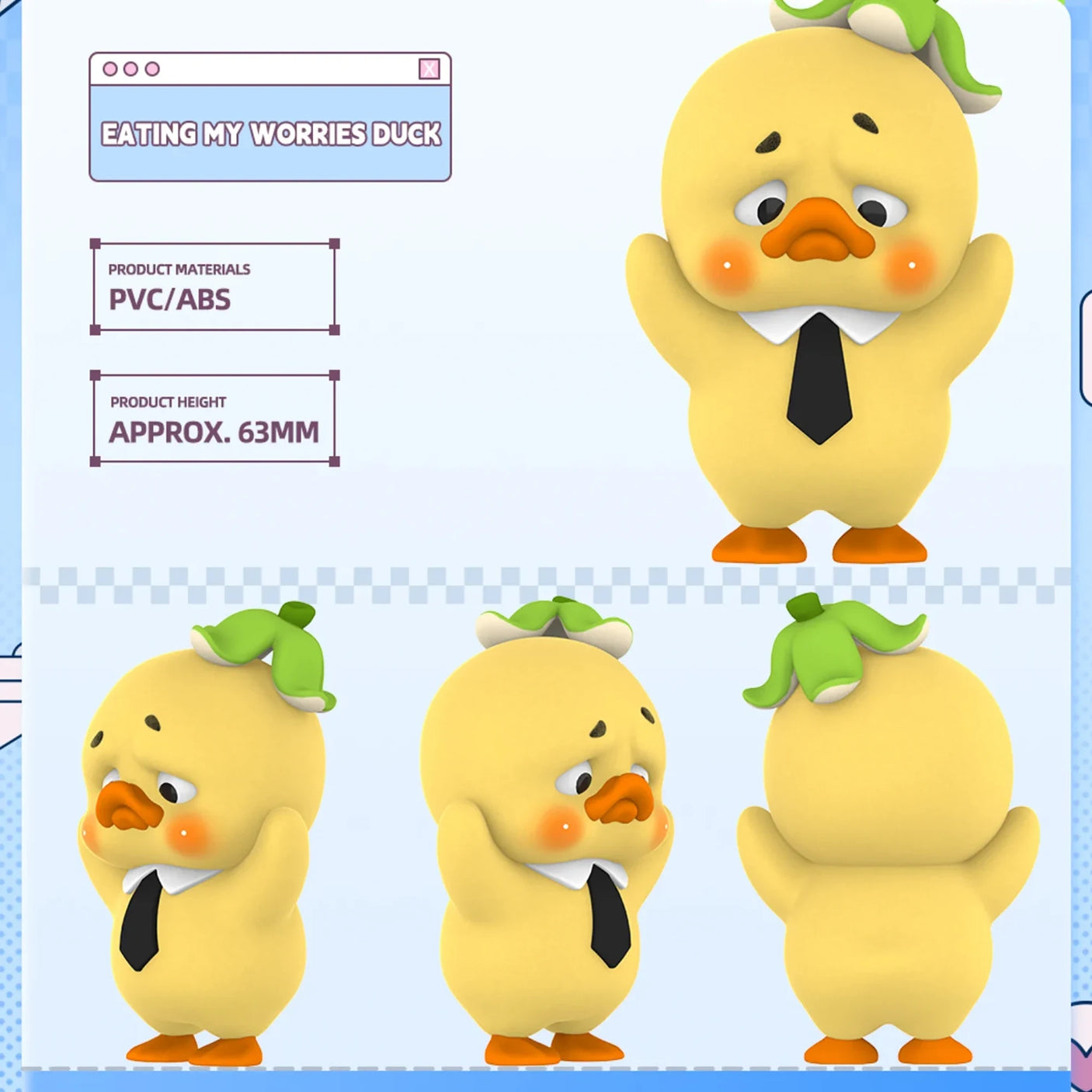 Upset Duck Blind Box - Stop The Spiral showing a yellow duck with a green leaf hat and black tie looking anxious by Upset Duck