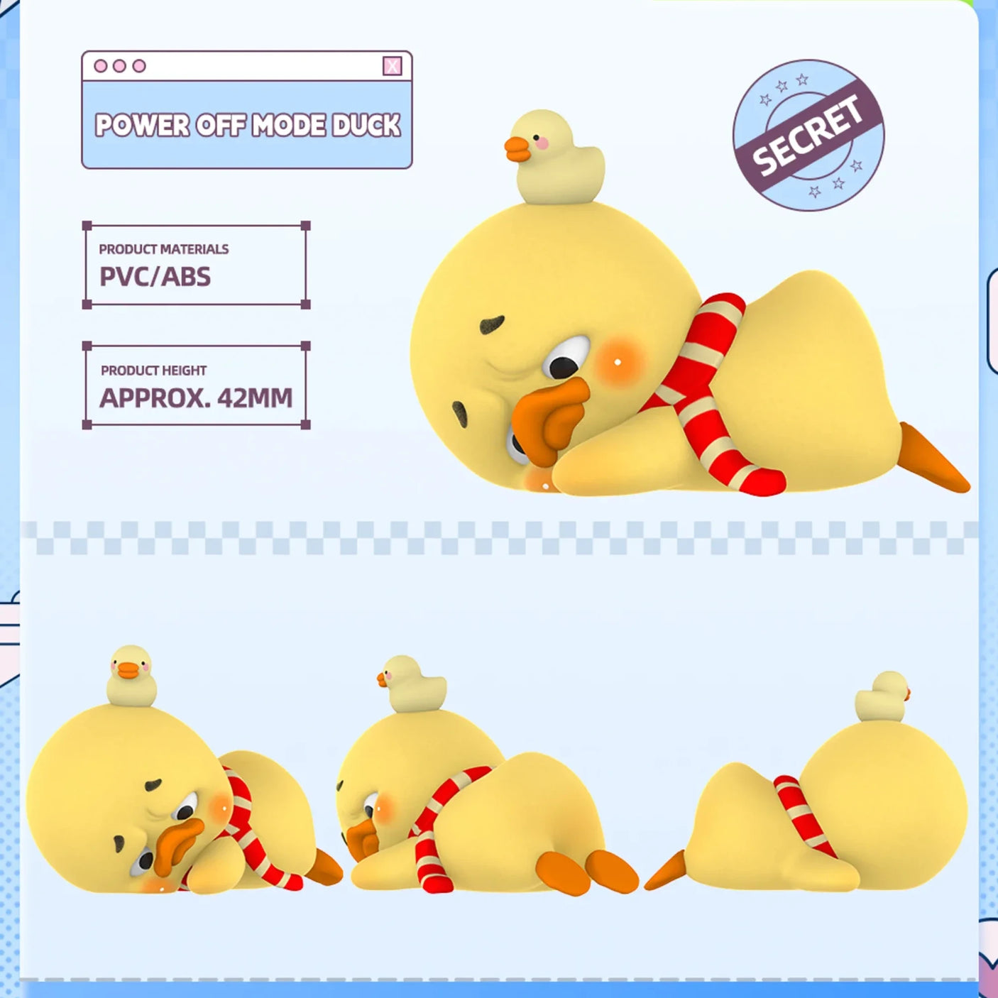 Upset Duck Blind Box - Stop The Spiral showing a yellow duck lying down with sad eyes, wearing a red and white scarf, with a small duck on its head by Upset Duck