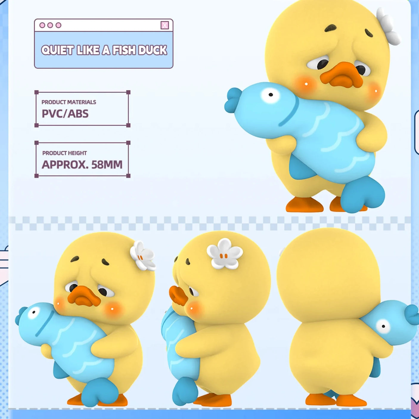 Upset Duck Blind Box - Stop The Spiral showing a yellow duck hugging a blue fish toy with a sad expression by Upset Duck