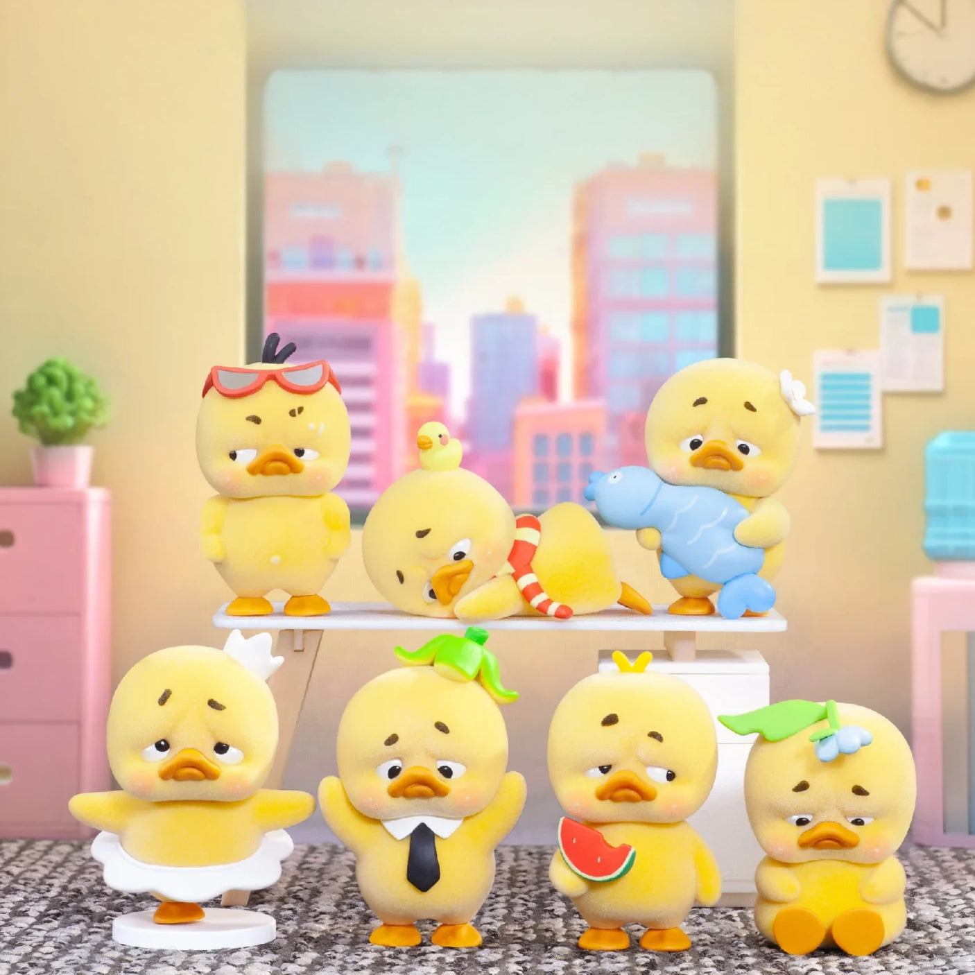 Upset Duck Blind Box - Stop The Spiral showing seven yellow ducks with various emotional expressions and accessories by Upset Duck