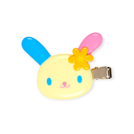 Bunny hair clip with pink flower and blue ear accents, metal alligator clip