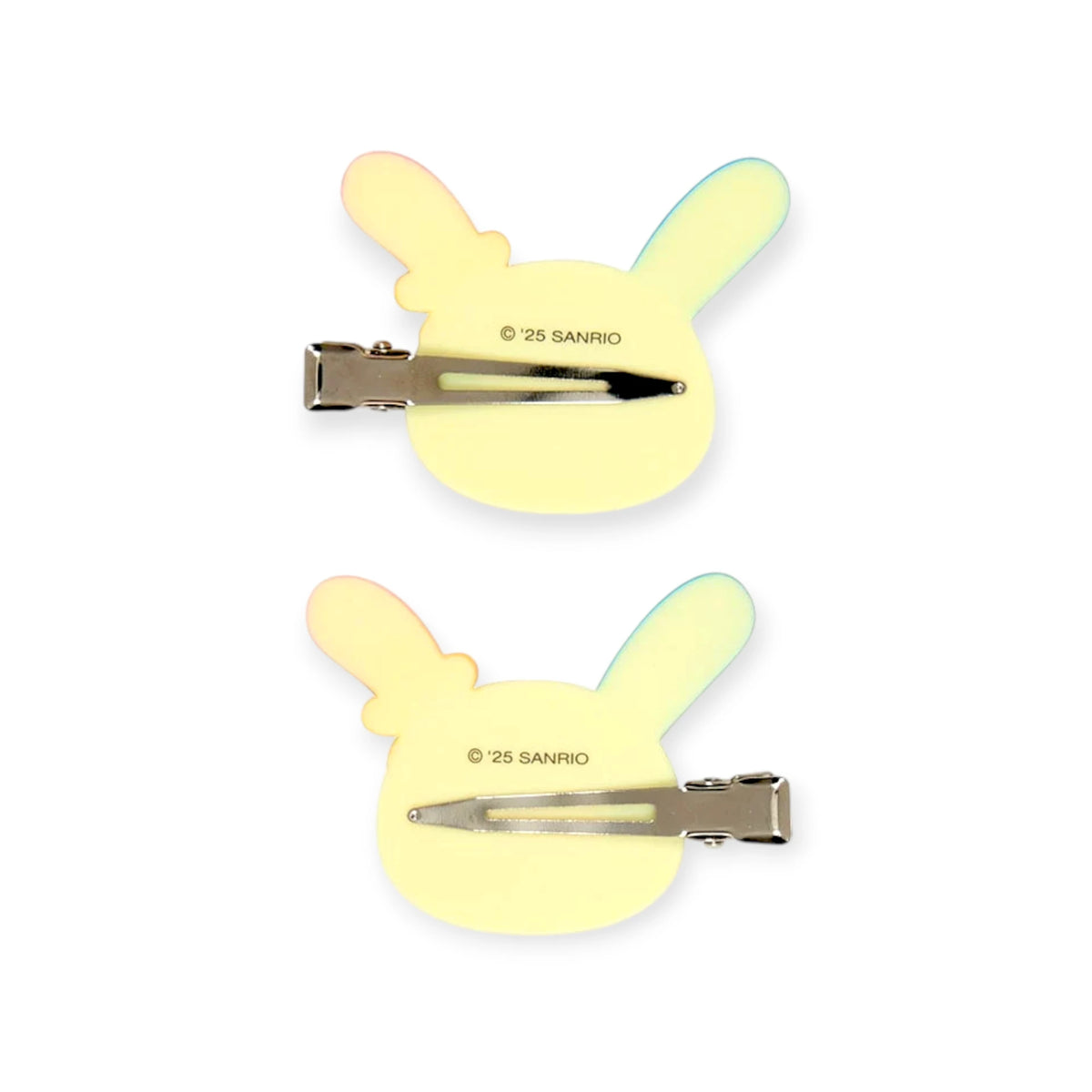 Two pastel bunny hair clips with metal snap bars, light yellow with blue ears