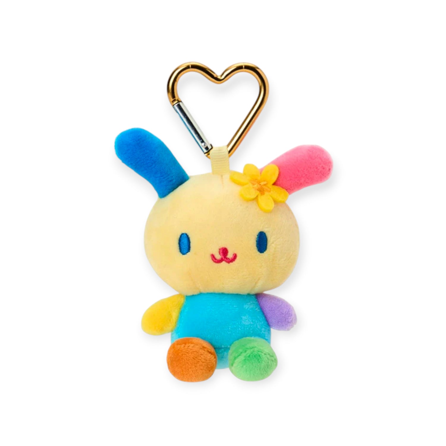 The Hello Kitty Usahana Heart Clasp Keychain features a multicolored plush Usahana with a yellow flower on its head and a heart-shaped carabiner, displayed against a white background.