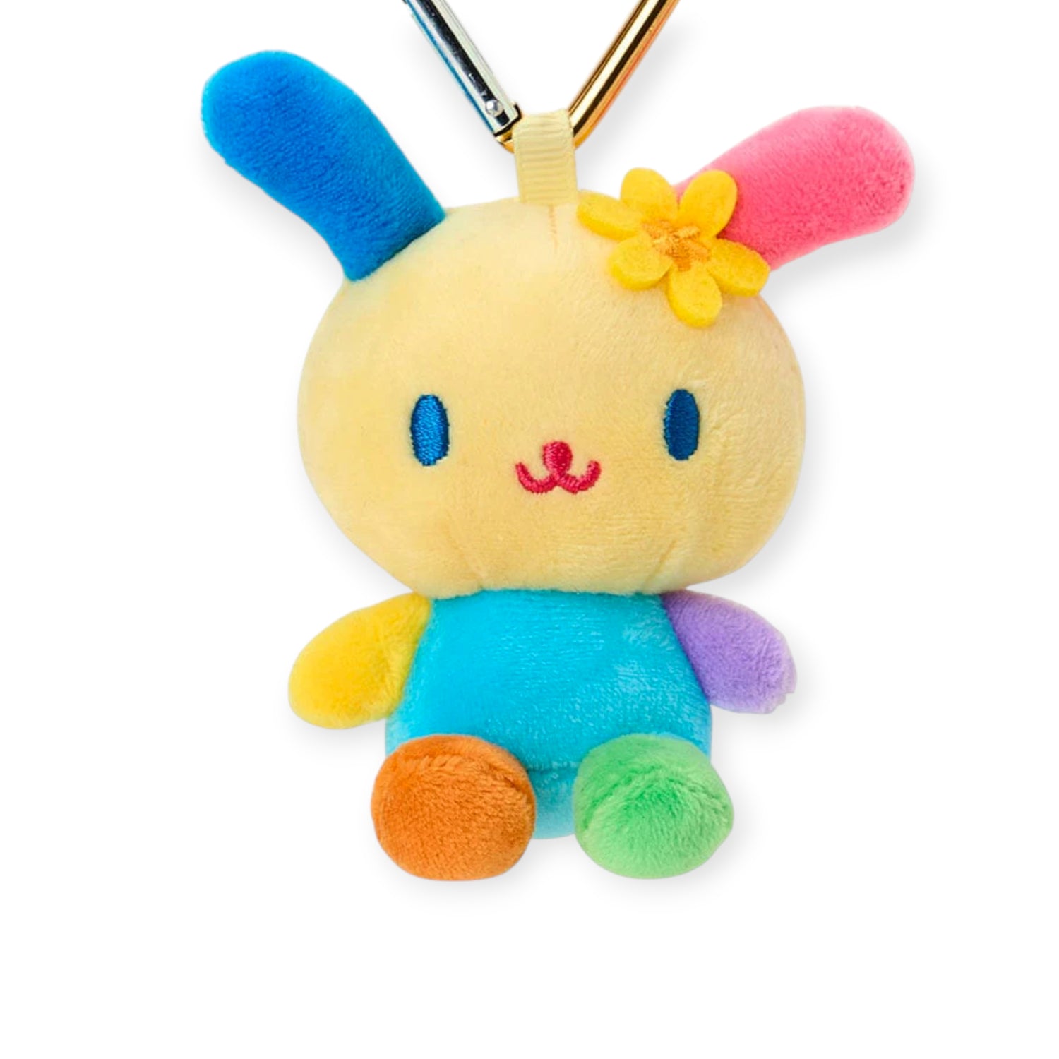 The Hello Kitty Usahana Heart Clasp Keychain features a colorful plush Usahana bunny with blue, pink, yellow, orange, green, and purple sections, a yellow flower on its head, and a heart clasp for easy attachment.