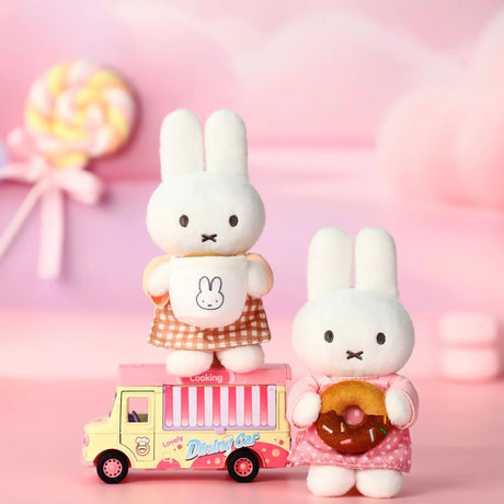 Rabbit plush keychain in orange gingham dress with bunny mug front