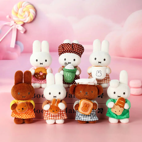 Plush keychain blind box display with several Miffy bunny plush characters