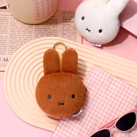Brown plush rabbit pouch keychain with metal key ring and hanging zipper