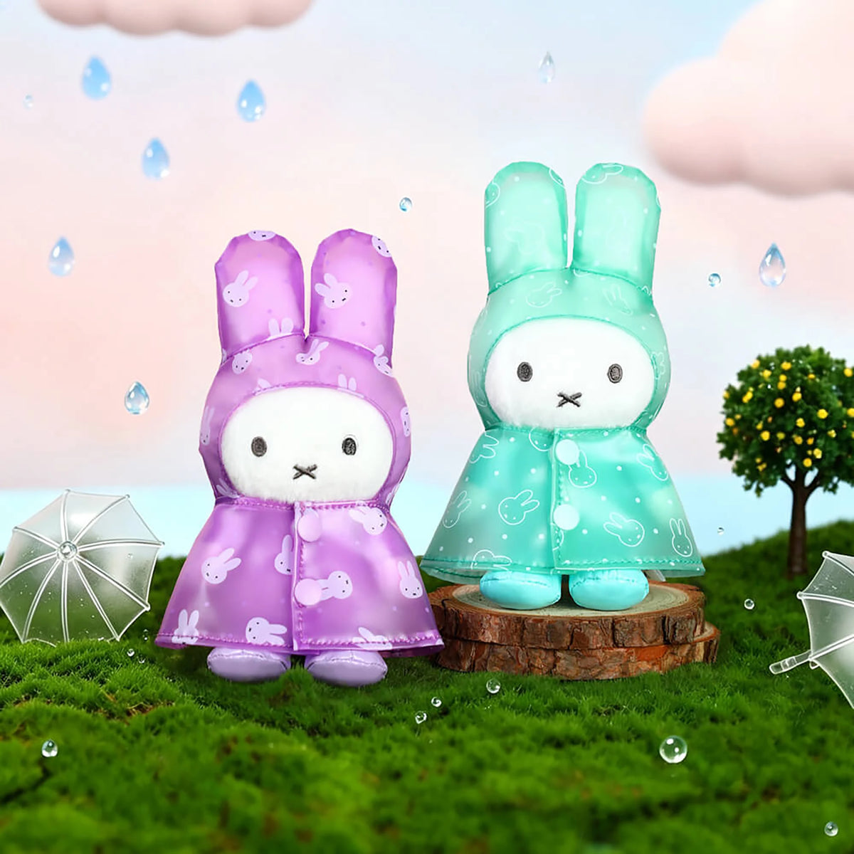Hooded rabbit raincoat plush keychain, purple and mint with bunny faces