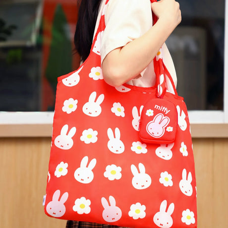 Red miffy tote bag with repeating bunny and flower print