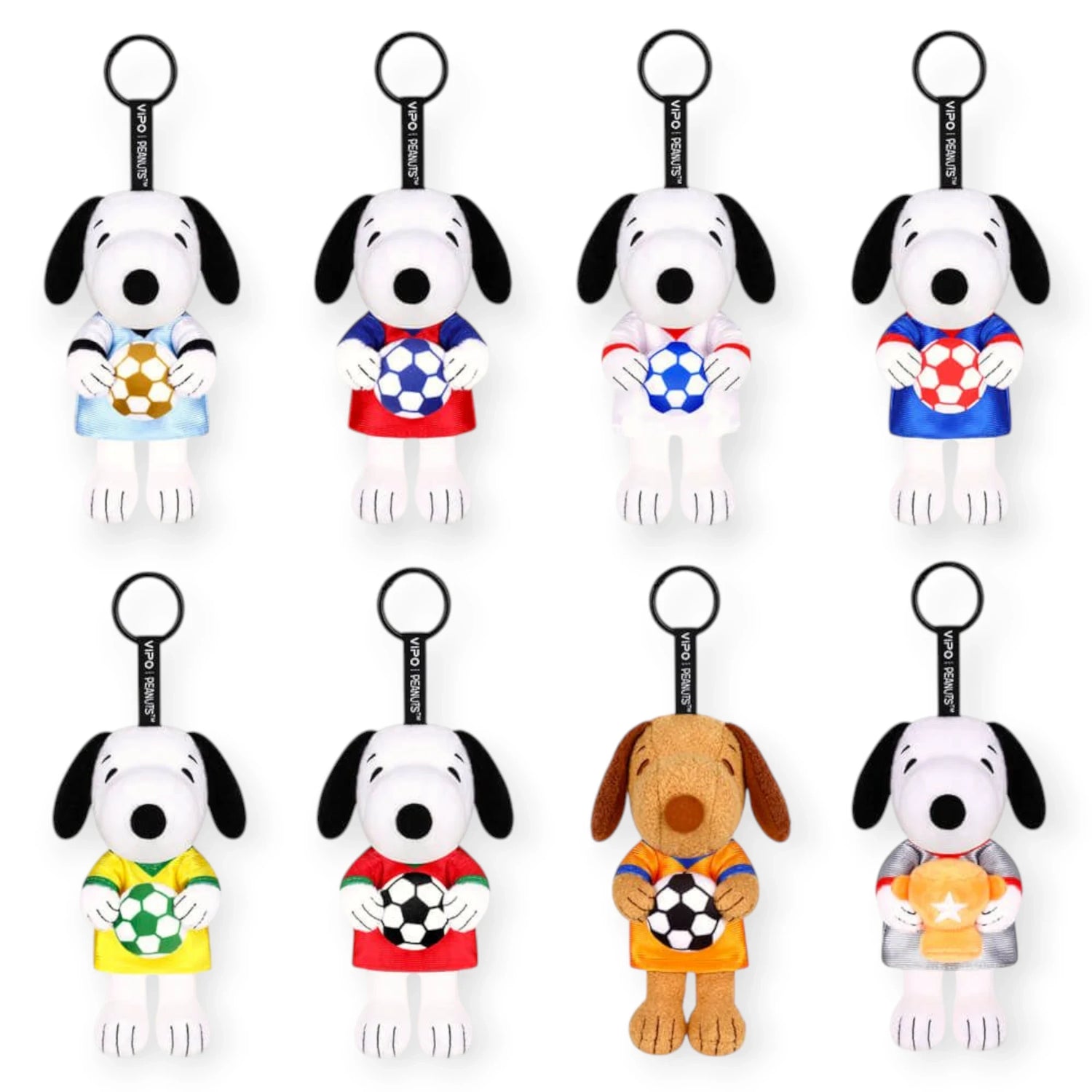Snoopy soccer plush keychain set with different jerseys and soccer balls