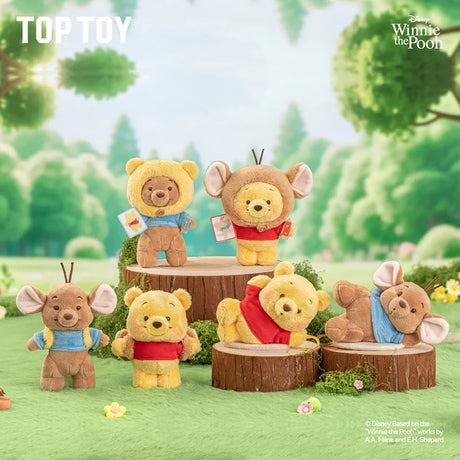 Six small plush Winnie the Pooh and mouse characters dressed in red and blue shirts sitting and standing on wooden stumps outdoors
