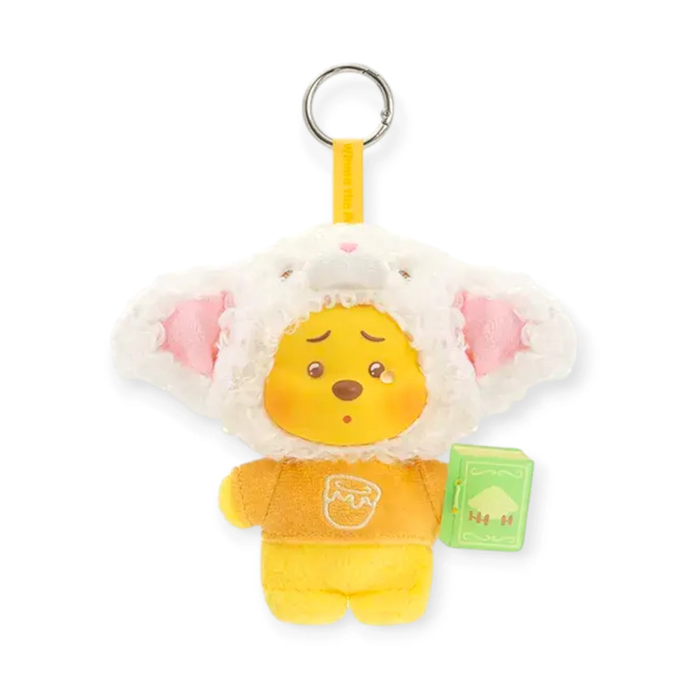 White and pink bunny-eared plush keychain with Pooh face, tan outfit, and green book tag.