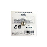 Pin badge with metal clutch on white card with barcode and MADE IN JAPAN