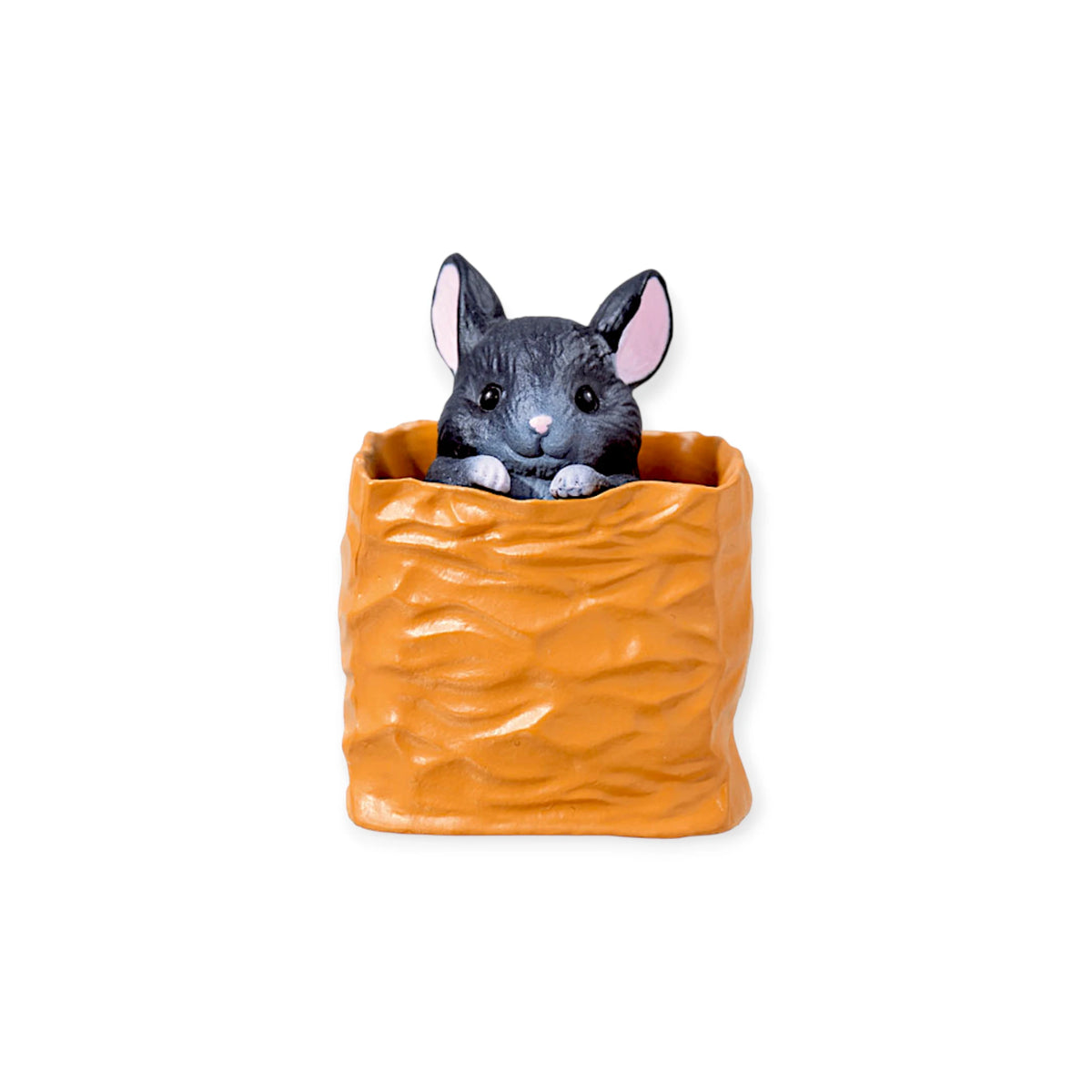Chinchilla Hide & Seek blind box figure: dark gray animal in orange pouch