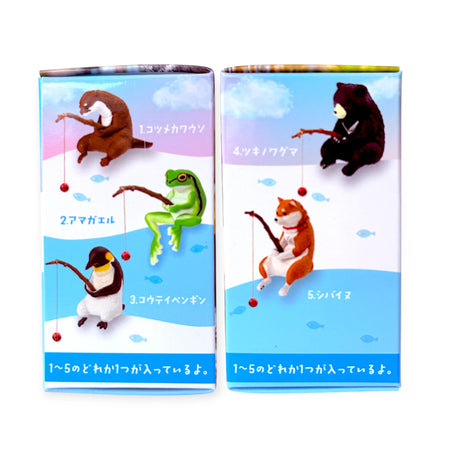 Side view of Fishing Animals Blind Box Vol 3 packaging featuring five relaxed animal figures fishing