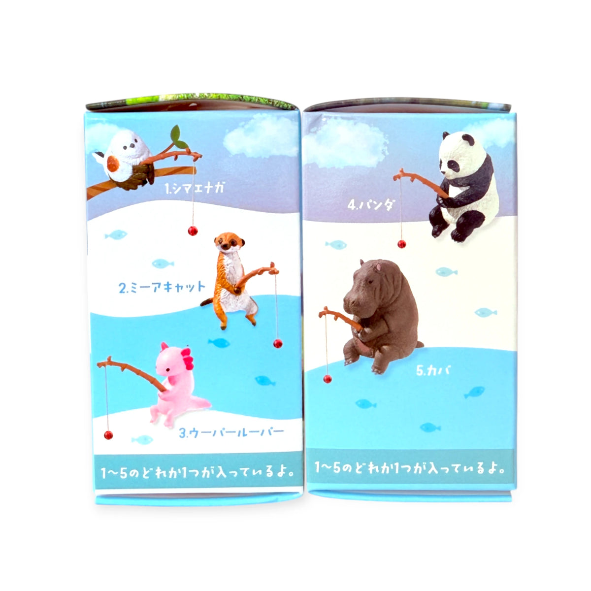 Open blind box with illustrated animals fishing, two panels showing panda and dog figures