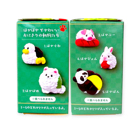 Two green Sushi Pet Minifigure Blind Boxes from Yell show images of five desk pets (eagle, cat, seal, rabbit, panda), feature Japanese text, and a “do not eat” warning.