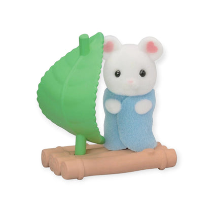 Sylvanian Families blind bag panda figure holding a green leaf on a wooden base