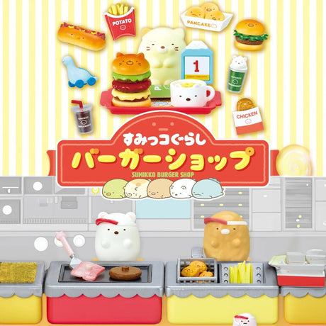 The Re-Ment Sumikko Burger Shop - Blind Box features adorable figurines and mini fast food items, creating a charming scene with a playful cooking set for endless fun.