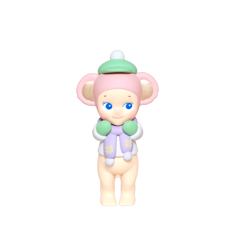 Sonny Angel Winter Wonderland mini figure with green hat, purple jacket, and small pouch