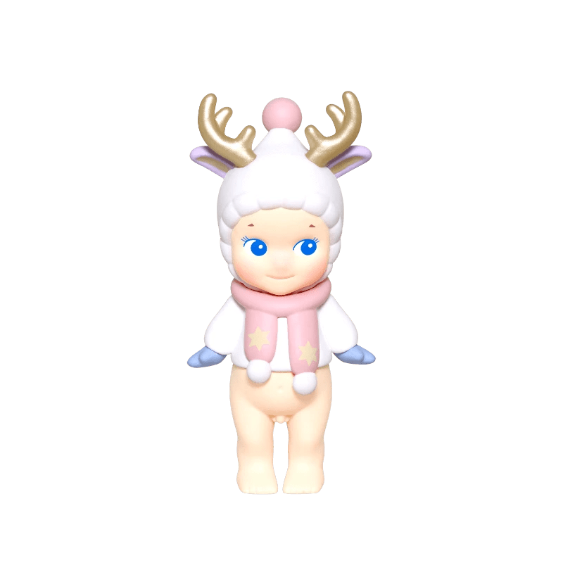 Reindeer Winter Wonderland figurine in white outfit with antler headpiece and pink nose